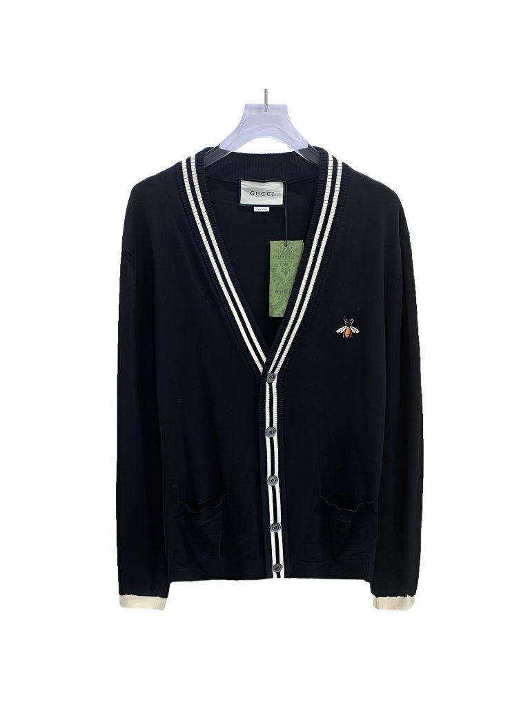 Gucci Black Wool Bee Gold Thread Embroidered Logo Cardigan